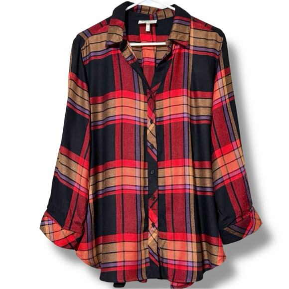 Hester & Orchard women’s size large button front plaid long roll-tab sleeves - Picture 1 of 12